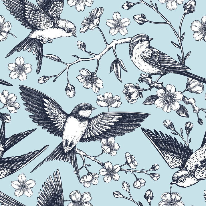 Spring seamless pattern. Sakura flower background. Cherry blossom, flying birds sketch illustration. NOT AI generated